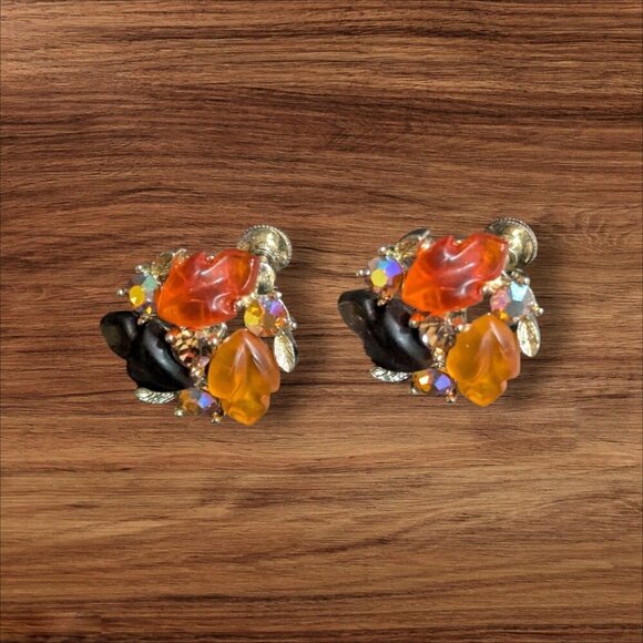 Vintage Lisner Clip-On Earrings Orange  Black Leaf Gold-Tone  Rhinestones MCM - Picture 2 of 8